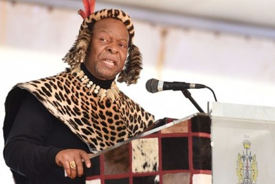 King Goodwill Zwelithini kaBhekuzulu delivers an address at the National Day of Reconciliation celebrations at Ncome Museum in KwaZulu-Natal in 2014.