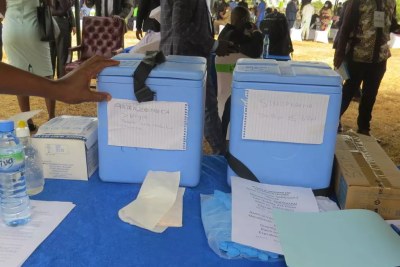Coolers containing AstraZeneca and Sinopharm vaccines (file photo).