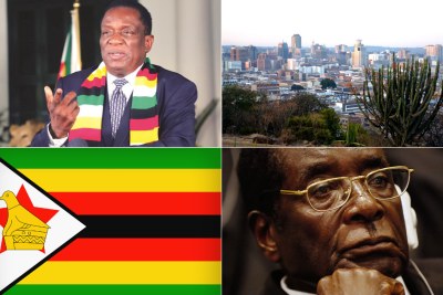 President Emmerson Mnangagwa, top left, view of capital Harare, national flag, late former president Robert Mugabe