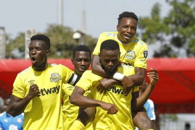 Kariobangi Sharks striker Julius Masaba (right) celebrates with teammates after scoring their first goal against Nairobi City Stars during their BetKing Premier League match at Kasarani Annex on January 30, 2021.