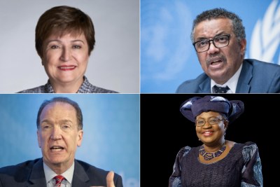 Kristalina Georgieva IMF), Tedros Adhanom Ghebreyesus (WHO), David Malpass (World Bank) and Ngozi Okonjo-Iweala (WTO)