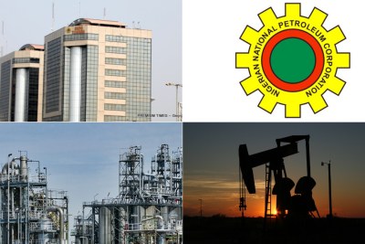 NNPC headquarters, top left, refinery, bottom left, oil field, bottom right.
