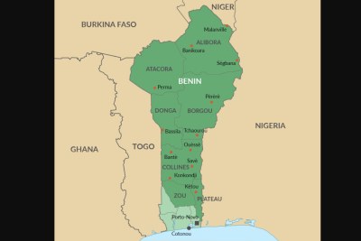 A map detailing reported kidnapping sites across Benin.