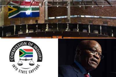 Top: Constitutional Court, bottom-left: Zondo Commission of Inquiry logo, bottom-right: former president Jacob Zuma.