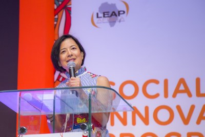 Reeta Roy, President and CEO of the Mastercard Foundation addresses young leaders in Nigeria