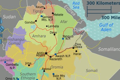 Ethiopia's regions, with Tigray and Amhara in the north, and Oromia further south