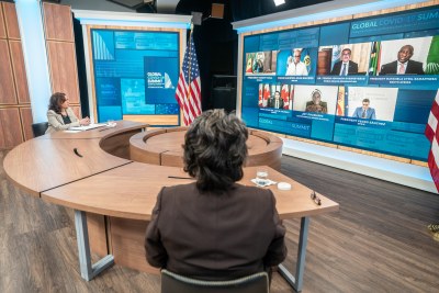 Vice President Kamala Harris and U.S. Ambassador to the United Nations Linda Thomas-Greenfield at the white House during the 2nd Global Covid-19 Summit that was convened virtually on May 12.