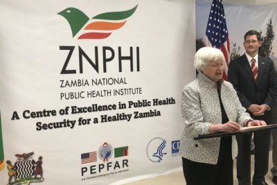 U.S. Treasury Secretary Janet Yellen speaks at the launch of the Zambia National Public Health Institute offices in Lusaka, January 23, 2023.