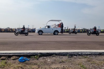 Pope Francis in his popemobile at Ndolo Airport in Kinshasa in 2023.