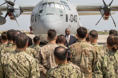 U.S Secretary of Defence Lloyd J. Austin lll speaks to a group of deployed sailors, soldiers, airmen, and marines at Camp Lemonnier, Djibouti, during a trip to Djibouti, Kenya, and Angola to strengthen partnerships and enhance regional security in Africa. Camp Lemonnier is an operational installation that enables maritime and combat operations in the Horn of Africa.