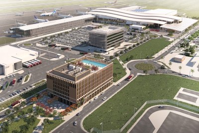 A model of the terminal, administration building, cargo, and car parking areas of the new Bugesera airport once it is completed in 2026.