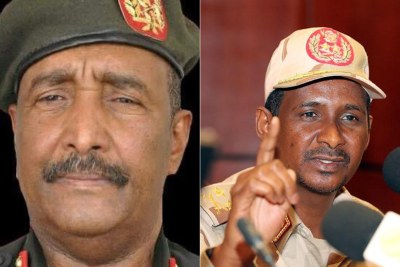 General Abdel Fattah Al-Burhan, chairman of the Transitional Sovereign Council of the Republic of Sudan, left, Mohamed Hamdan Dagalo (Hemedti), commander of the Rapid Support Forces