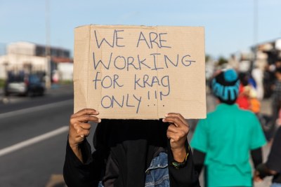 “We are working for electricity only” reads a poster as Lavender Hill residents in the Western Cape blocked Prince George Drive to protest against high electricity tariffs.