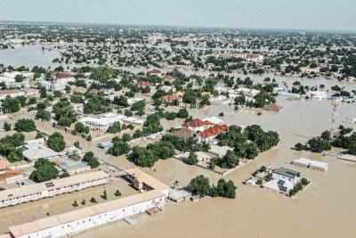 Houses completely submerged in floodwater in Maiduguri, Nigeria.