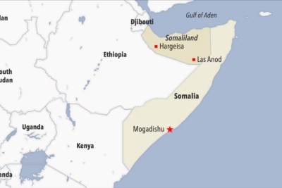 Map showing Somalia, Somaliland, and Ethiopia.