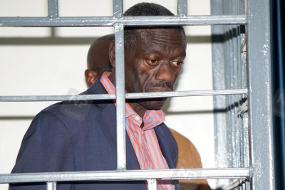 Dr Kizza Besigye in the dock at the military court in Makindye.