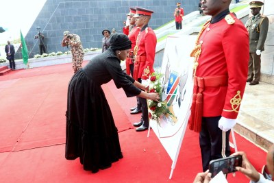 Monica Geingos, Namibia's 3rd First Lady, laying a wreath at the tomb in Heroes Acre during the Commemoration Ceremony for her late husband, Hage Geingob, on the anniversary of his death in 2024.