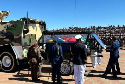 President Nangolo Mbumba arrives at Heroes’ Acre on March 1, 2025, as the chief mourner of Namibian founding president Sam Nujoma’s state funeral.