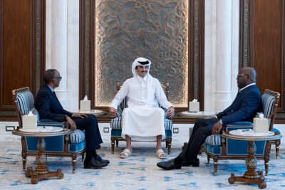 Sheikh Tamim bin Hamad Al Thani, Emir of the State of Qatar (center) hosting meeting with Rwanda President Paul Kagame and Democratic Republic of Congo President Félix Tshisekedi Tshilombo in Doha