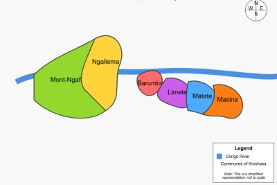 A schematic representation of Mont-Ngafula, Ngaliema, Barumbu, Limete, Matete, and Masina in the DR Congo, where flooding has caused the most damage.