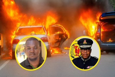 At least two vehicles were set ablaze in protests against the murder of Albert Ojwang [left] in police custody after a complaint filed by DIG Eliud Lagat [right) who bowed to public pressure and stepped aside on June 16, 2025.