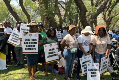Zimbabweans protest to call for the removal of sanctions, Oct. 25, 2023, Harare, Zimbabwe.