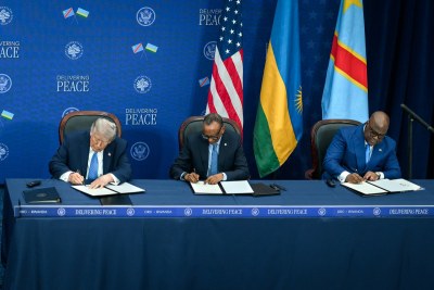 President Trump joins President Kagame of Rwanda and President Tshisekedi of the Democratic Republic of the Congo as they sign the Washington Accords, a major peace deal, at the Donald J. Trump Institute for Peace in Washington, D.C