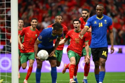 Brahim Diaz of Morocco celebrates goal with teammates during the 2025 Africa Cup of Nations AFCON match between Morocco and Tanzania,