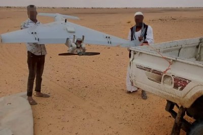 Sudanese Armed Forces with an unexploded one-way attack drone from the RSF recovered from an attack on a government building in El Gedaref on July 11, 2024.