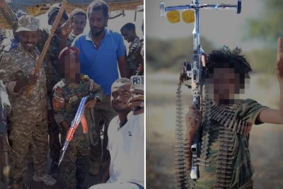 Screengrabs of Facebook posts showing the SAF-linked child (left) and the RSF-linked child (right) carrying weapons. Weapons highlighted by Bellingcat.