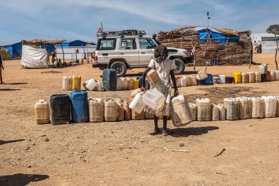 A woman searching for water looks at the queue of jerry cans waiting to be filled in Metche camp (file photo).