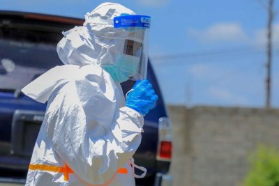 A frontline health worker in PPE (personal protective equipment) takes part in the Ebola response in eastern Democratic Republic of the Congo.
