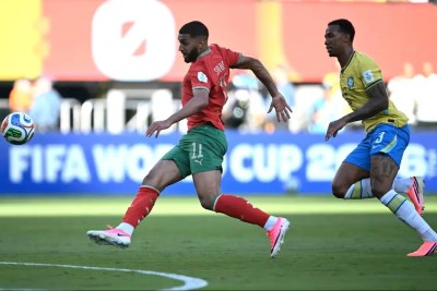 Morocco' s midfielder Ismael Saibari scores goal against-Brazil
