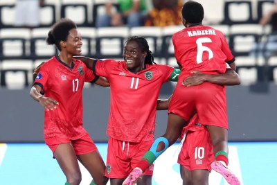 Tabitha Chawinga of Malawi celebrates a goal with her team. Malawi, playing their first match at the TotalEnergies CAF Women’s Africa Cup of Nations, stunned 10-time champions Nigeria with three second-half goals at Al Madina Stadium in Rabat.
