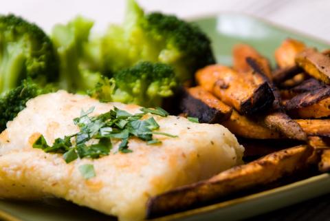 Fish with sweet Potato Greens
